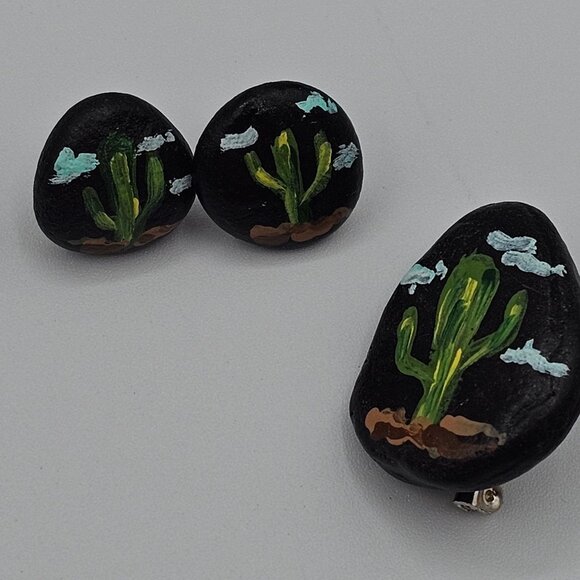 Artisan Folk Art Handpainted Stone Rock Earring Brooch Set Jewelry Black Cactus - Picture 11 of 16